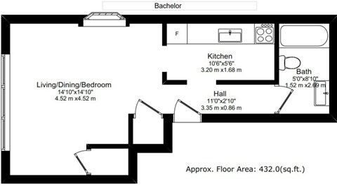 Floor plan for 1 bed, 1 bath, 310 sqft